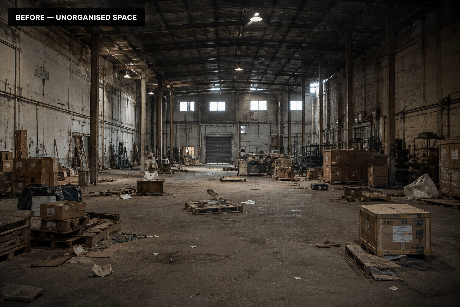 Unorganised warehouse space — illustrative example